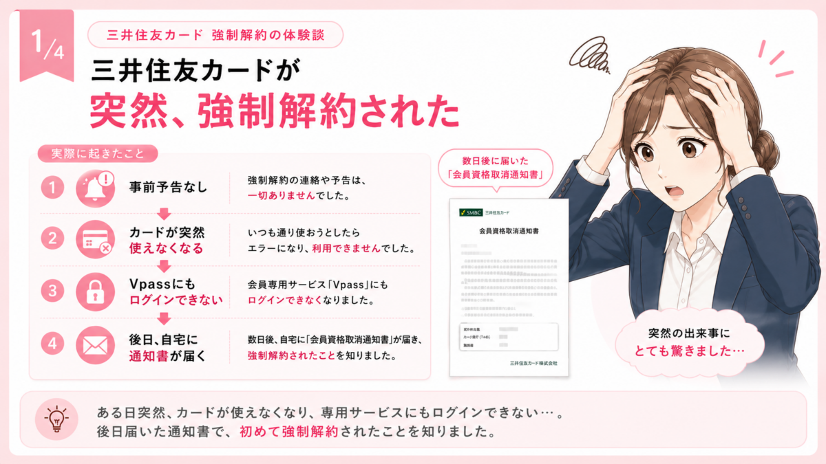 三井住友カードが事前予告なく強制解約され、カードが使えなくなってから会員資格取消通知書が届くまでの流れを解説
