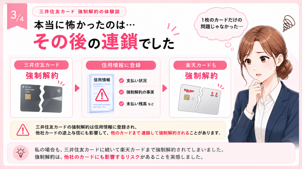 三井住友カードの強制解約後に信用情報への影響が生じ、楽天カードも強制解約された実体験
