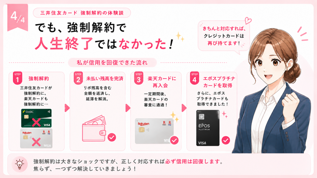 三井住友カードと楽天カードの強制解約後、未払い残高を完済し、楽天カード再入会からエポスプラチナ取得までの流れ