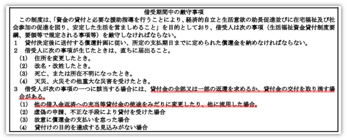 他の借入金返済への充当等貸付金の使途をみだりに変更したり、他に流用した場合。