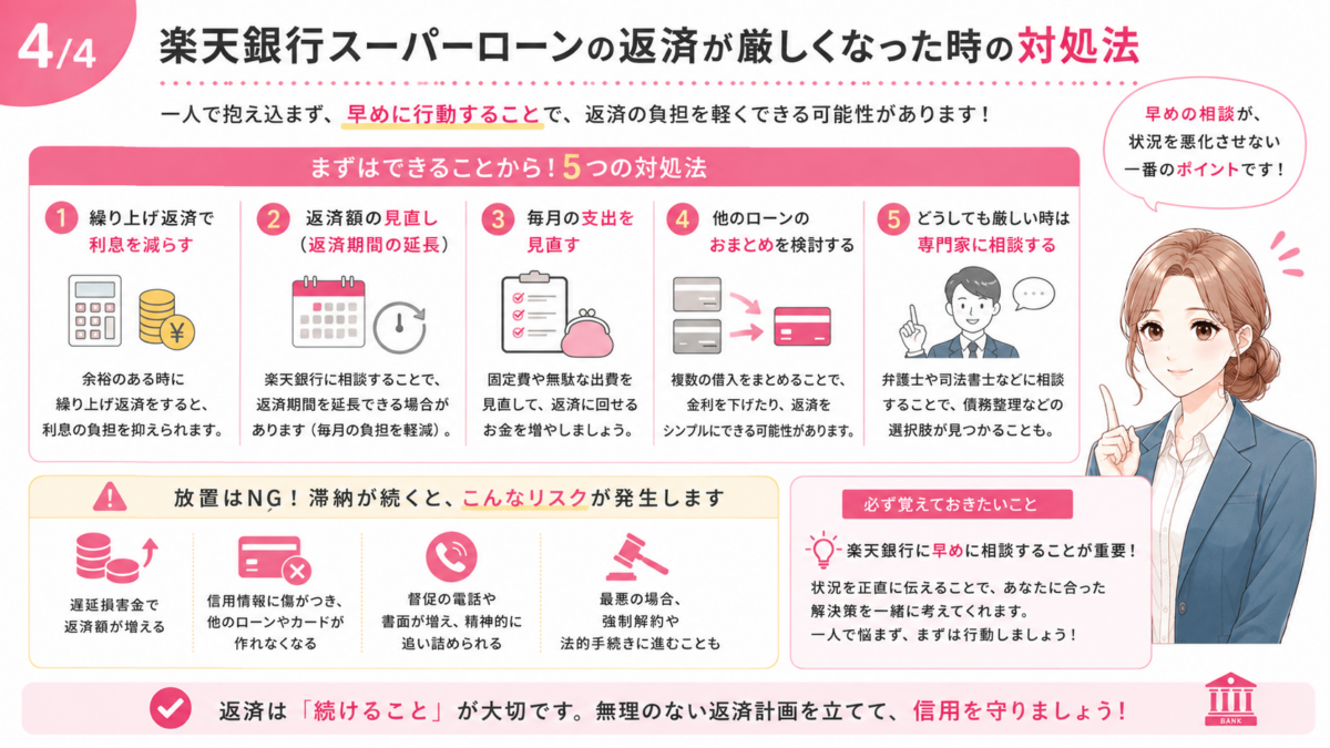 楽天銀行スーパーローンの返済が厳しくなったときの対処法をまとめた図解。繰り上げ返済、返済額や家計の見直し、楽天銀行への早めの相談、返済が困難な場合の債務整理を紹介し、延滞を放置すると遅延損害金や信用情報への悪影響につながることを解説