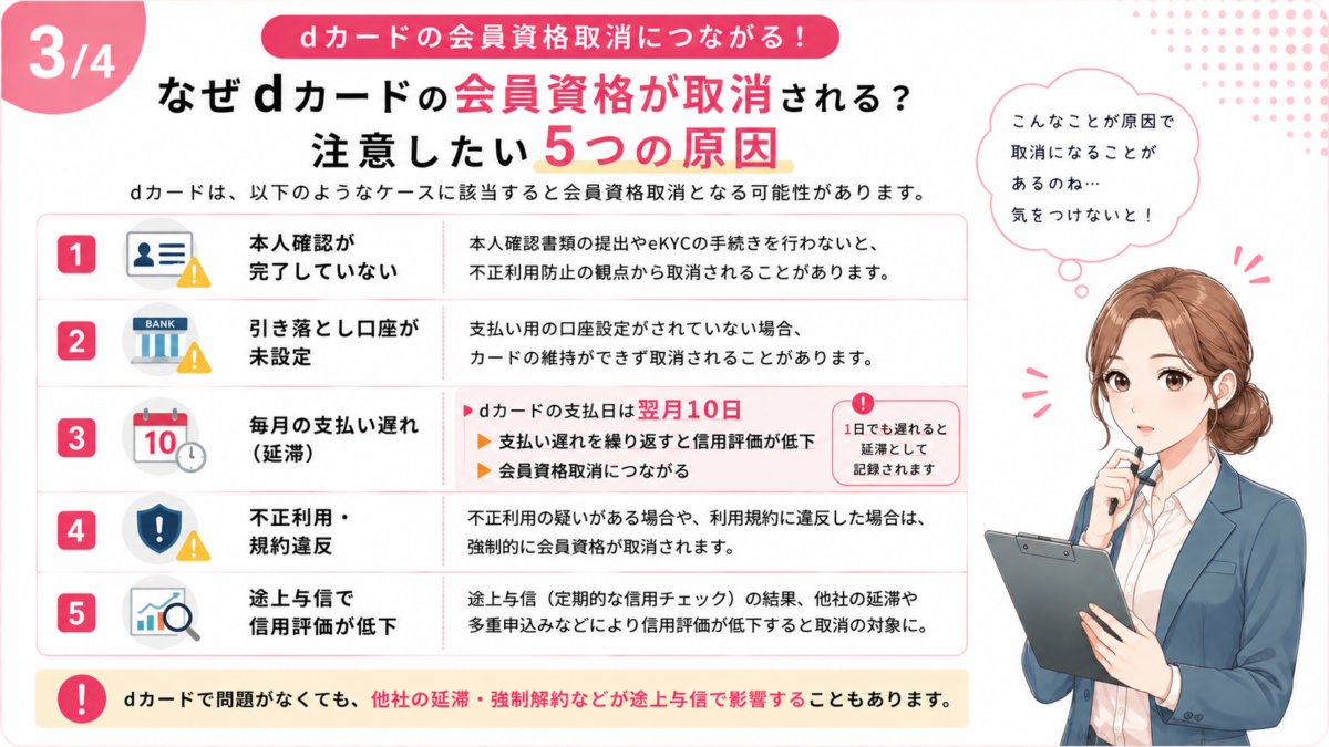 dカードの会員資格取消につながる本人確認未完了・口座未設定・支払い遅れ・規約違反・途上与信の5つの原因