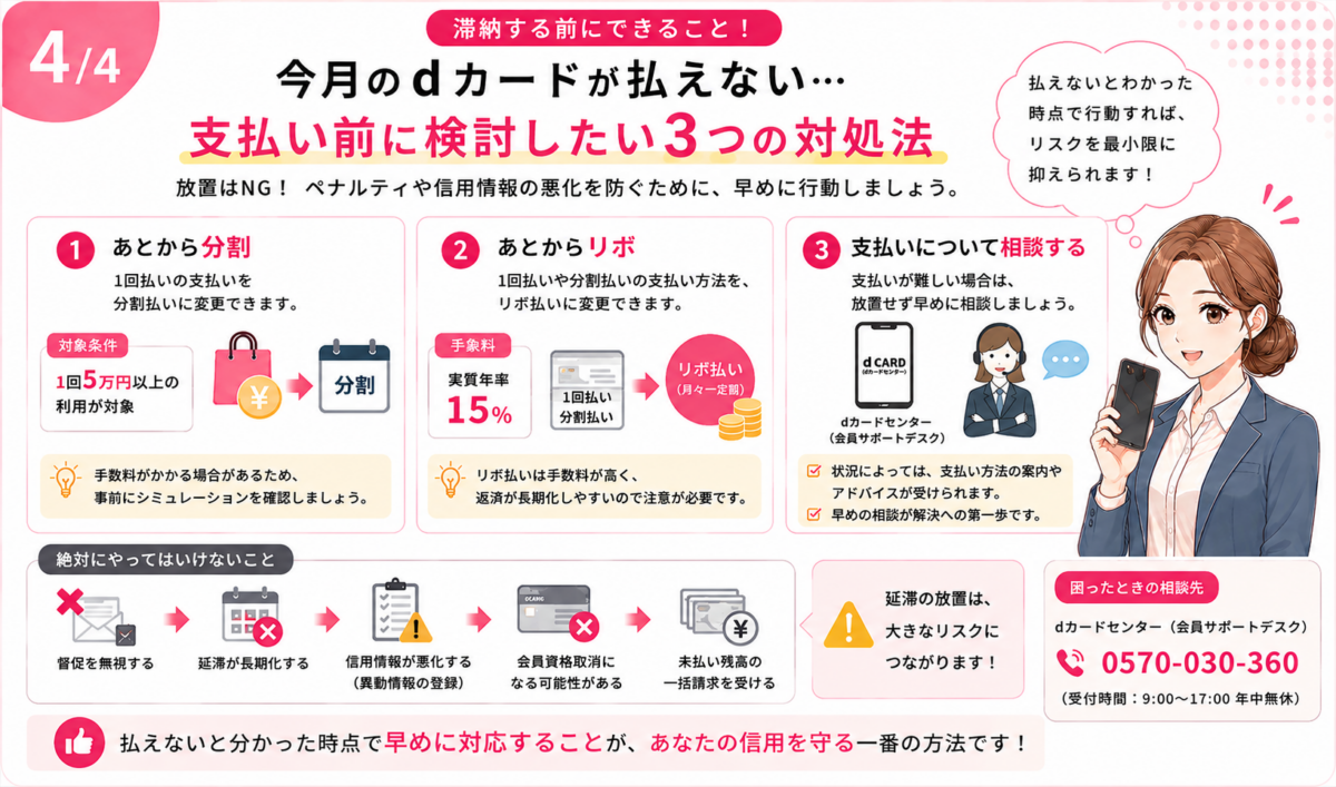 dカードの支払いができない場合に検討できるあとから分割・あとからリボ・支払い相談と延滞放置のリスク
