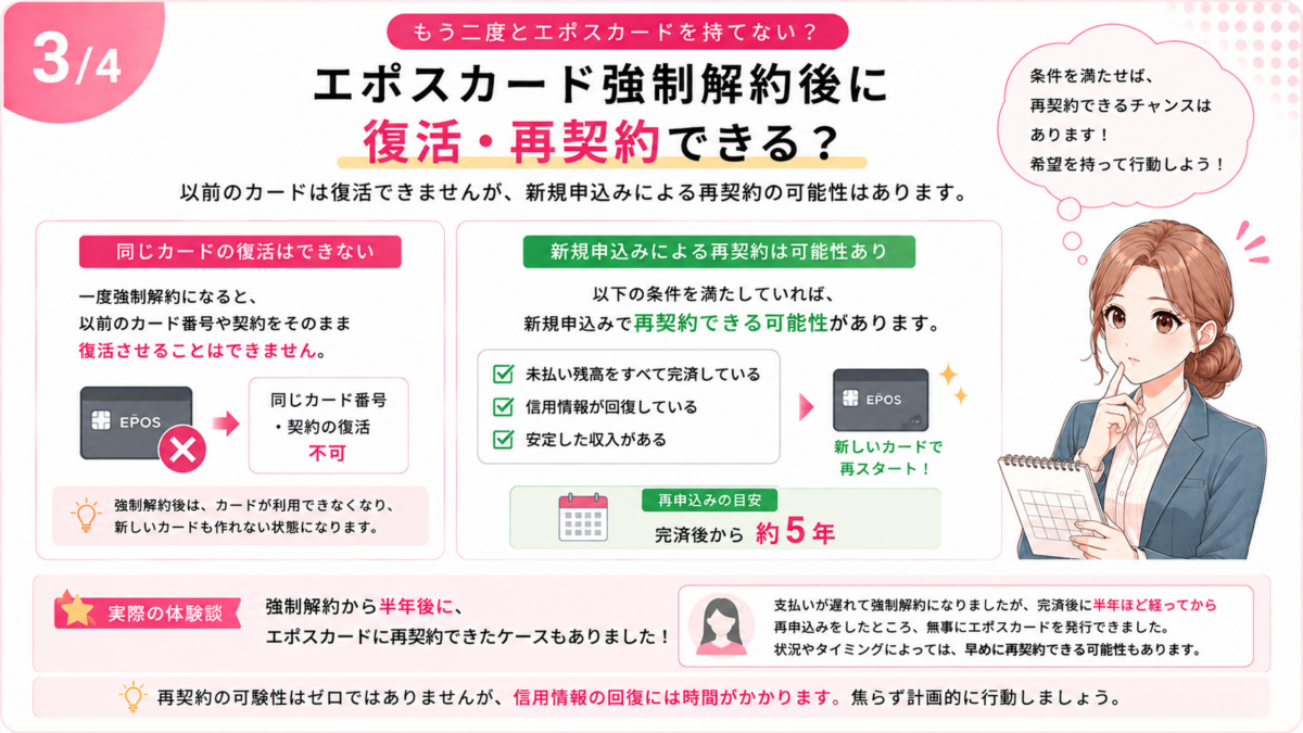 エポスカード強制解約後の復活・再契約について、再申込みの条件や完済後約5年の目安、半年後に再契約できた体験談を紹介