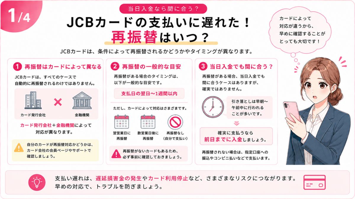 JCBカードの支払いに遅れた場合の再振替について、カードや金融機関による違い、再振替の時期、当日入金の注意点を解説