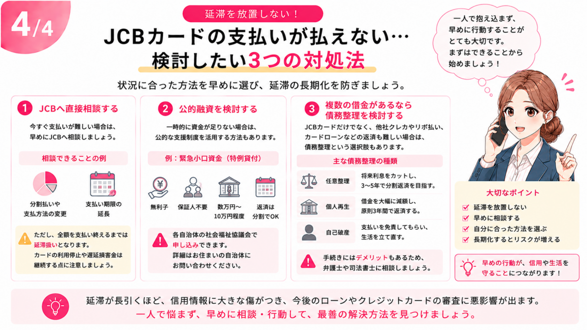 JCBカードの支払いができない場合に検討したい、JCBへの相談・公的融資・債務整理という3つの対処法と延滞を放置するリスクを解説