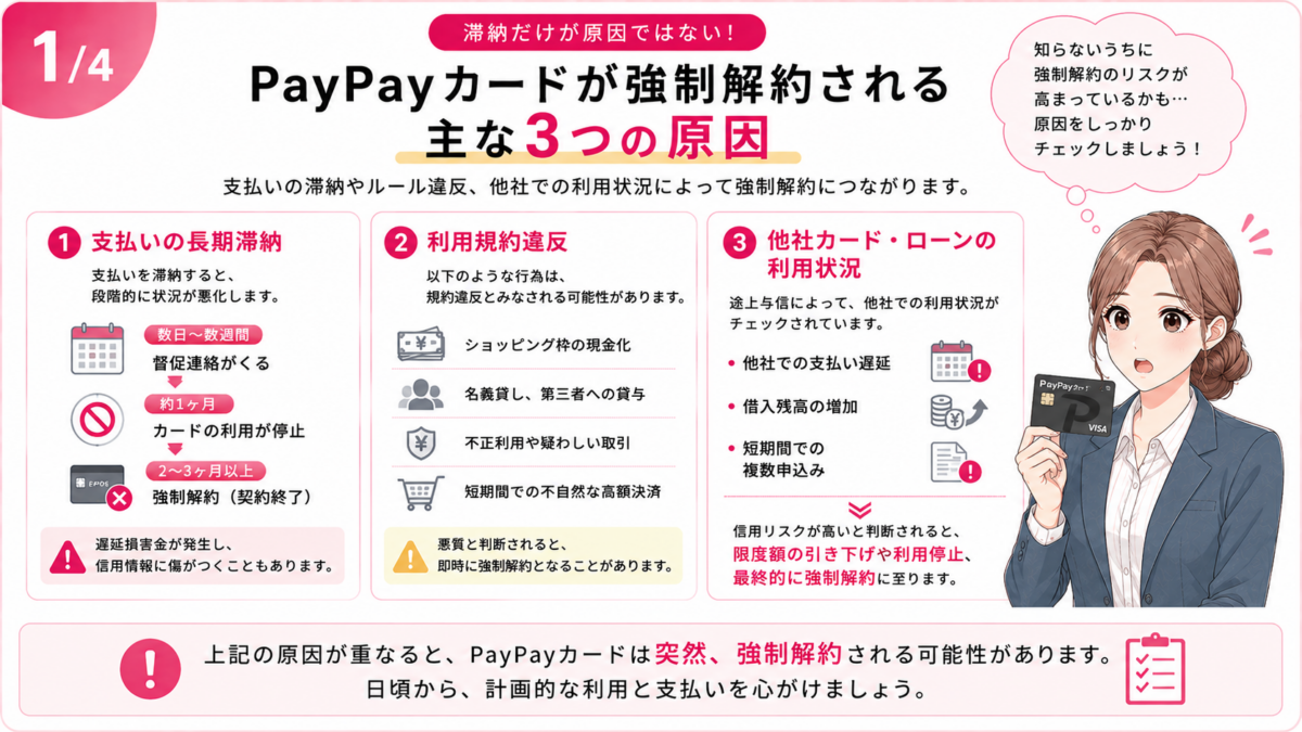PayPayカードが強制解約される主な原因として、支払いの長期滞納・利用規約違反・他社カードやローンの利用状況を解説