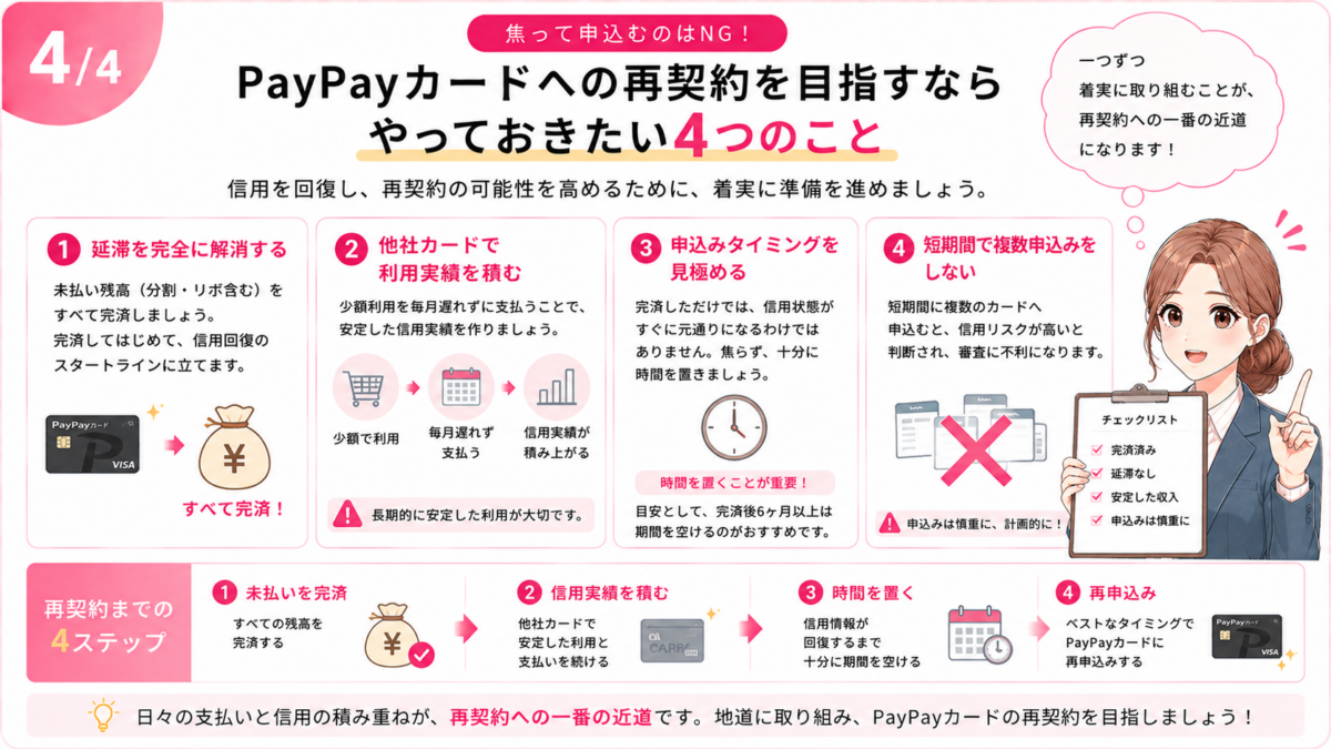 PayPayカード強制解約後の再契約を目指すために、未払いの完済・他社カードでの利用実績・申込み時期・短期間の複数申込みを避けることを解説