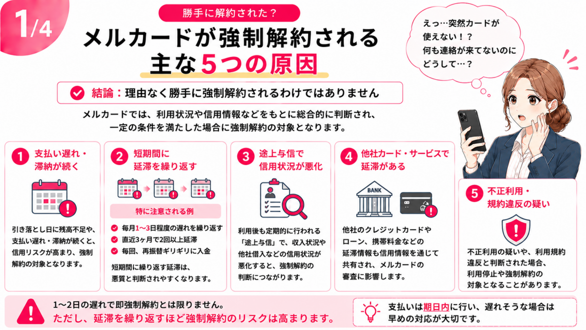 メルカードが強制解約される主な原因として、支払い遅れや滞納の継続・短期間の延滞の繰り返し・途上与信・他社での延滞・不正利用や規約違反を解説