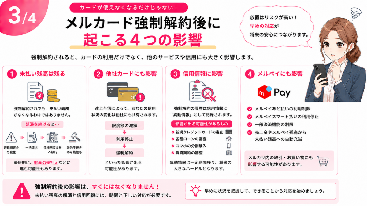 メルカード強制解約後に起こる未払い残高の支払い継続・他社カードへの影響・信用情報への影響・メルペイの利用制限という4つの影響を解説