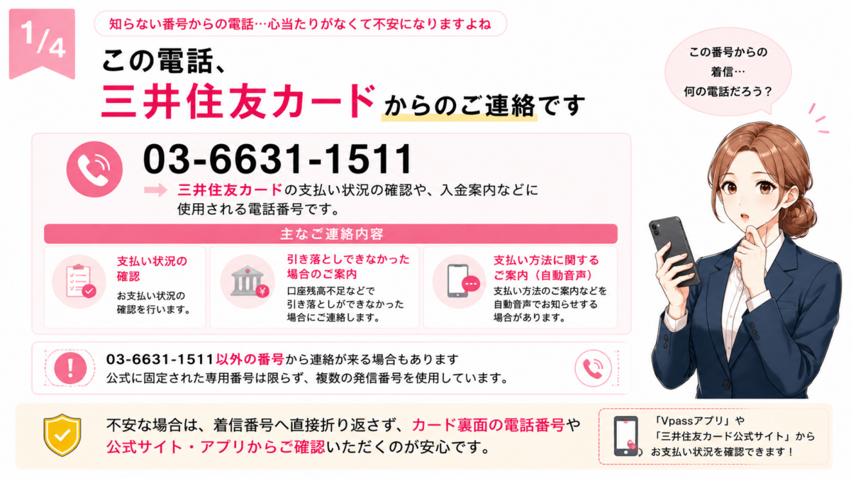 03-6631-1511からの電話は三井住友カードの支払い状況確認や入金案内などに使われる番号。引き落としできなかった場合の案内や支払い方法の自動音声案内など、主な連絡内容を解説