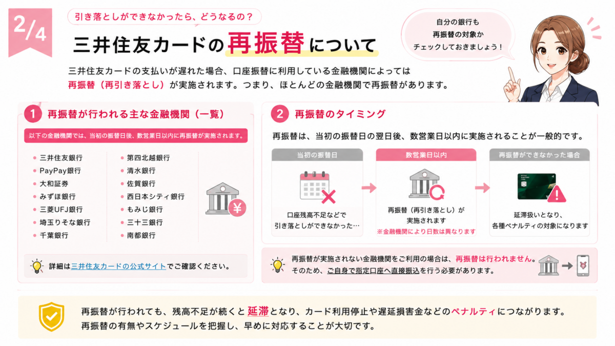 三井住友カードの支払いに遅れた場合に行われる再振替について解説。三井住友銀行、PayPay銀行、みずほ銀行、三菱UFJ銀行など再振替に対応する主な金融機関と、当初の振替日から数営業日以内に再振替される流れを紹介