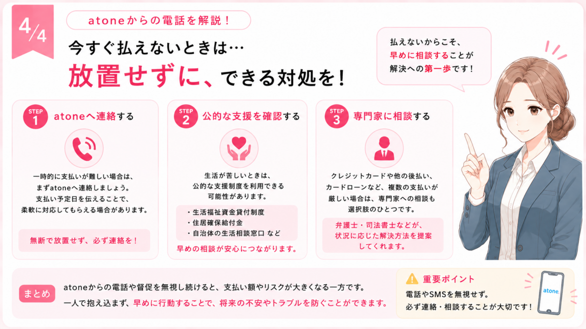atoneの支払いが難しい場合に、atoneへの連絡、公的支援の確認、弁護士や司法書士など専門家への相談という対処法を解説