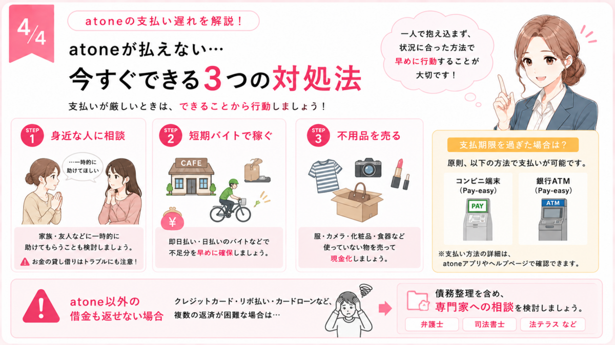 atoneの支払いができない場合に、身近な人への相談、短期バイト、不用品の売却などで支払資金を確保する方法と、借金問題を専門家へ相談する方法まとめ