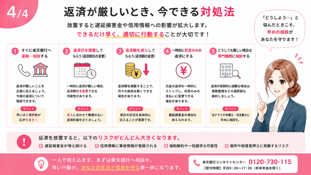 楽天銀行スーパーローンの返済が厳しいときの対処法をまとめた図解。楽天銀行への早めの連絡・相談、返済日の調整、返済額の変更、一時的な利息のみの返済、返済が長期的に困難な場合の専門機関への相談など、延滞を放置する前に取るべき対応を紹介