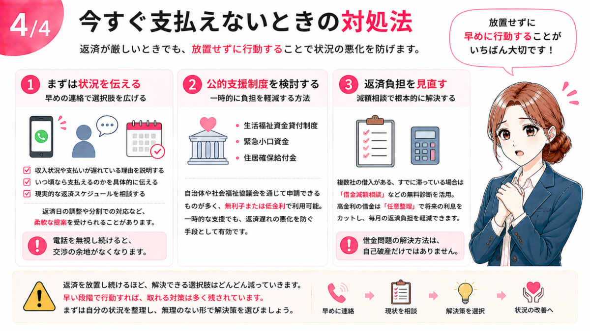 バンクイックを延滞して今すぐ支払えない場合の3つの対処法をまとめた図解。まず折り返し連絡をして収入状況や支払予定日を伝え返済方法を相談すること、生活福祉資金貸付制度・緊急小口資金・住居確保給付金などの公的支援を検討すること、複数の借入や返済負担が大きい場合は借金減額相談や任意整理なども含めて返済負担を見直す方法を紹介。