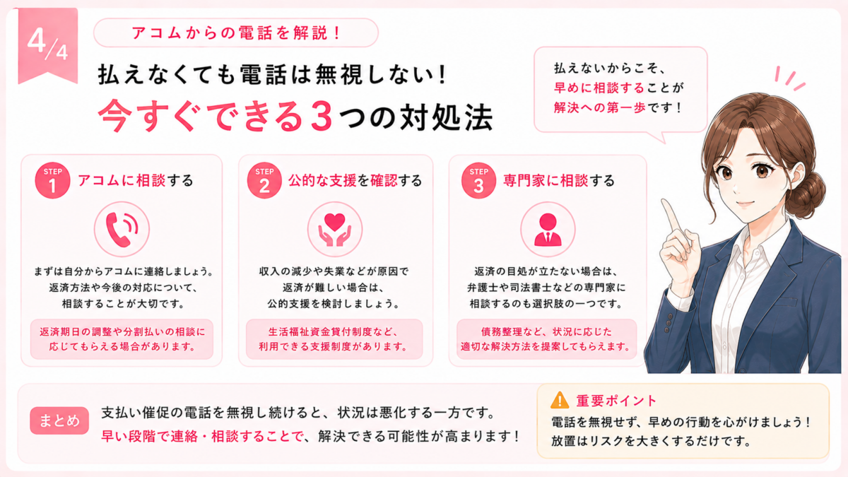 アコムへの支払いが難しい場合に、アコムへの相談、公的支援の確認、専門家への相談という3つの対処法を解説した図解